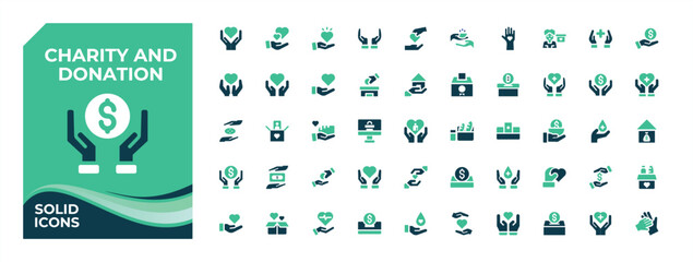Charity And Donation colorful solid icon set. Pack of donation, support, nonprofit, sponsor, community, volunteer, charity and more. Simple solid vector icons. Volunteer icon set. Vector collection.