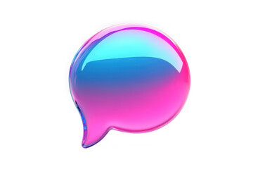 Glossy translucent speech bubble icon with vibrant pink and blue gradient on a dark black background symbolizing communication and digital messaging