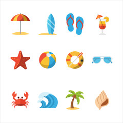 Obraz premium vector illustration of cute icons set on simple summer beach