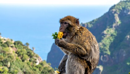 Naklejka premium Monkey eating fruit on mountaintop