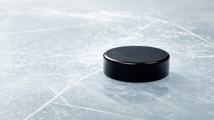 The black hockey puck resting on an ice rink surface ready for play