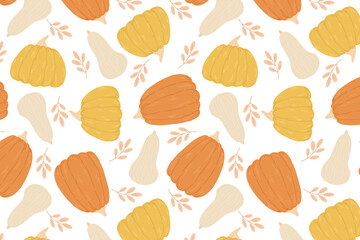 Pumpkins and Squash Harvest Pattern – swatch available in swatches panel – seamless hand drawn fall vegetables with delicate leaves