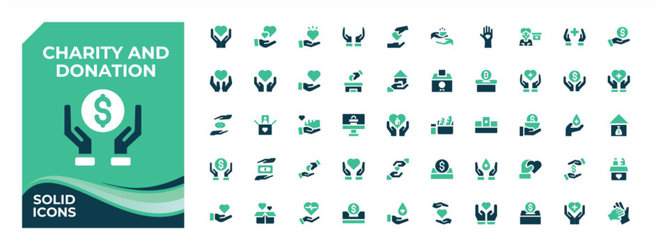 Charity And Donation colorful solid icon set. Pack of donation, support, nonprofit, sponsor, community, volunteer, charity and more. Simple solid vector icons. Volunteer icon set. Vector collection.