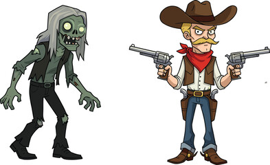 Zombie cowboy cad drawing flat vector illustration, cartoon undead character in tattered clothes beside armed Western cowboy in dynamic standoff pose