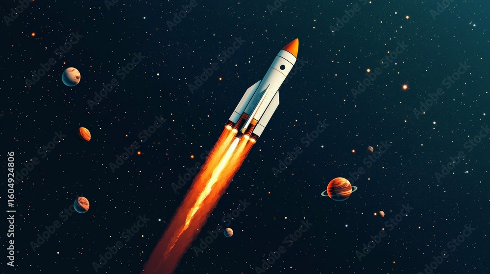 Poster white space rocket launching into deep space with bright burning rocket engine against dark starry s