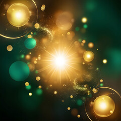 Abstract golden and teal spheres with sparkling light effects