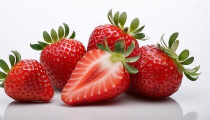 fresh strawberries with one cut in half showcasing the juicy interior and vibrant red color perfect for food photography white background