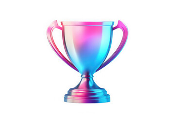 A gleaming metallic trophy with two handles illuminated by vibrant pink and blue neon lights against a stark black background symbolizing achievement and victory