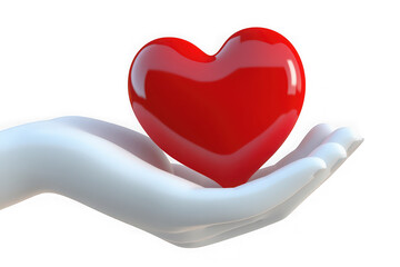 Symbolic representation of love and care a glossy red heart held gently in a white open hand against a stark black background