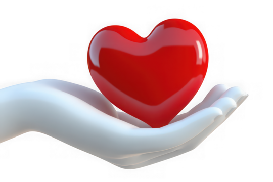 Symbolic representation of love and care a glossy red heart held gently in a white open hand against a stark black background