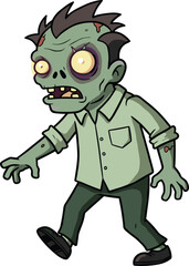 Zombie walk cad drawing flat vector illustration, cartoon green zombie with button shirt and spiky hair extending arms in classic horror gesture