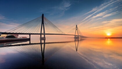 Obraz premium a stunning sunrise view of a cable stayed bridge reflecting on calm water