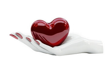 A white gloved hand gently cradles a shiny deep red heart against a stark black background symbolizing love and care