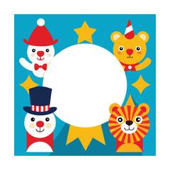 Fototapeta premium Circus Theme Photo Frame with Clowns and Animal Art