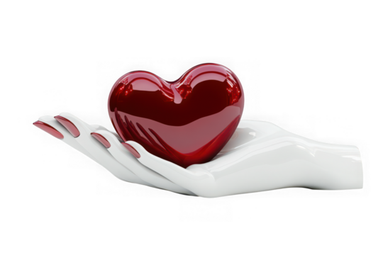 A white gloved hand gently cradles a shiny deep red heart against a stark black background symbolizing love and care