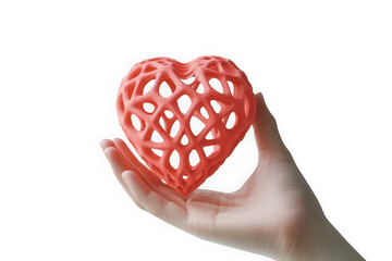 Close up of a delicate coral pink 3d printed hollow heart shape held gently in a person s open palm against a stark black background