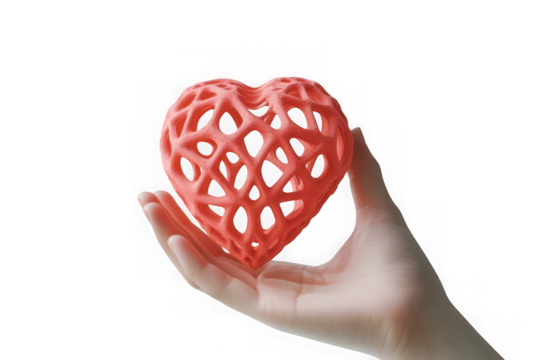 Close up of a delicate coral pink 3d printed hollow heart shape held gently in a person s open palm against a stark black background - Powered by Adobe