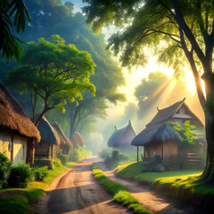 Sunlit village path winds through lush green forest with thatched roof homes