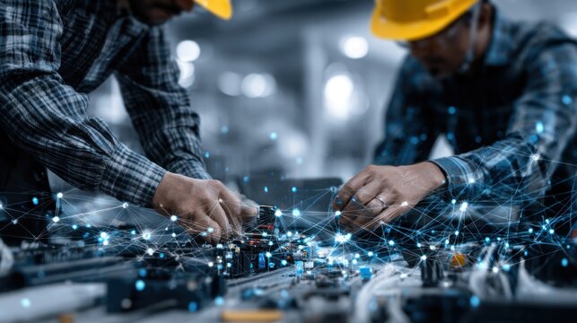Two technicians working on a circuit board.  Overlayed network graphic