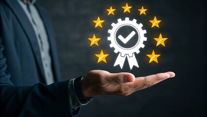Professional depiction of quality assurance: Business executive presenting validation symbol encircled by stars representing successful results and recognition.