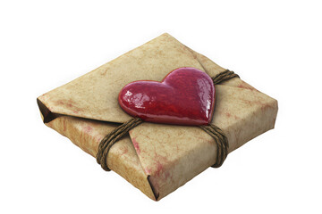 A rustic handcrafted gift box wrapped in textured paper and tied with twine adorned with a glossy red heart presented against a stark black background for a dramatic effect