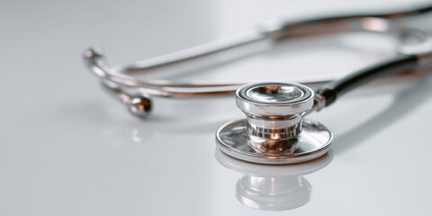 Detailed close-up of a modern stethoscope with reflection on a white table, symbolizing healthcare, diagnostics, and medical practice
