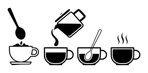 Coffee preparation steps with cups and spoons pouring steam