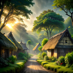 Serene village path bathed in golden morning sunlight and mist