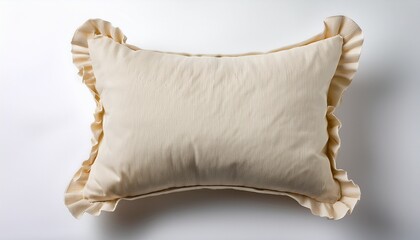 a cream colored pillow with ruffled edges ready for a cozy evening in on a white or clear surface white background