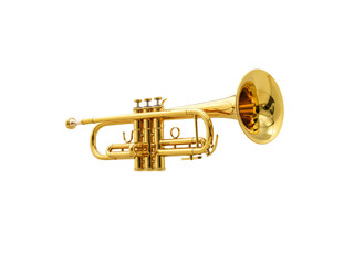 Obraz premium Golden trumpet musical instrument isolated on white background