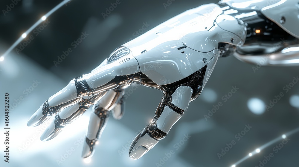 Poster white and chrome robotic hand extending its fingers in a dimly lit environment with glowing lines, e