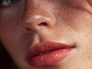 Fototapeta premium Macro shot of a woman’s natural lips and freckled skin texture in soft light, perfect for skincare, beauty, or cosmetic themes