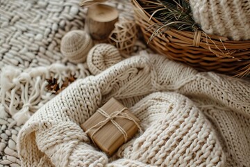 Still life with knitwear, wrapped gift, basket, wooden objects, and natural elements, in neutral tones.
