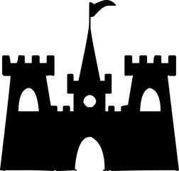 Black silhouette of a castle with towers, battlements, arched entrances, and a central spire with a flag.