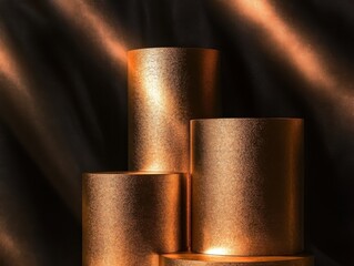 Three empty golden podiums, illuminated by rays of light against a dark background.
