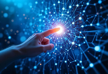 Hand Interacting with a Futuristic Network Interface. A hand points towards a glowing, intricate network interface.