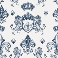 Heraldic toile de jouy vector seamless pattern with lions and fleur de lis
