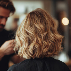 Naklejka premium Back view of a blonde woman with shoulder-length wavy hair during a haircut at a modern hair salon, stylist at work