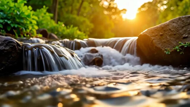 Cascading waterfall in sunlight, scenic flowing water over rocks and greenery. Waterfall creates refreshing ambiance as it rushes downstream through lush foliage.