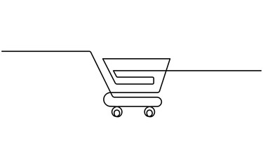 Shopping cart continuous line art. Continuous one line drawing trolly. Black, friday concept, Famous shop buy symbol. Vector illustration.
