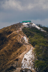 An aerial view of a group of trekkers walking on a snowy mountain during the Mardi Himal Trek in Nepal. There are stairs along the way. Forest on the right and dry grassland with yellow on the left.