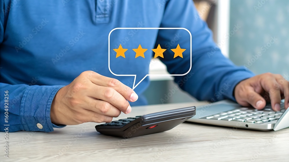 Poster calculating ratings: person using a laptop and calculator to evaluate star feedback with visualizati