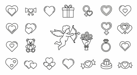 Romantic and Valentine Line Icon Set – Heart, Cupid, Love Gift, Engagement Ring, Chocolate and Bouquet Vector Illustration

