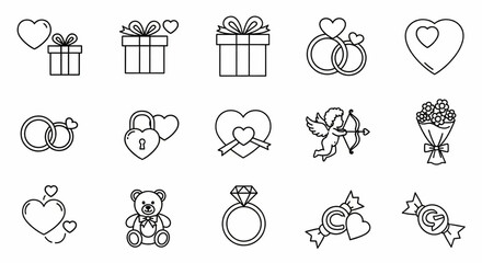 Romantic and Valentine Line Icon Set – Heart, Cupid, Love Gift, Engagement Ring, Chocolate and Bouquet Vector Illustration

