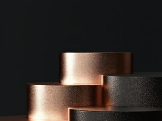 Empty golden podiums, illuminated by rays of light against a dark background.