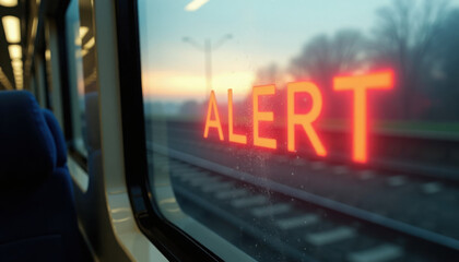 Train alert sign glowing with warm colors at sunset in a quiet railway setting
