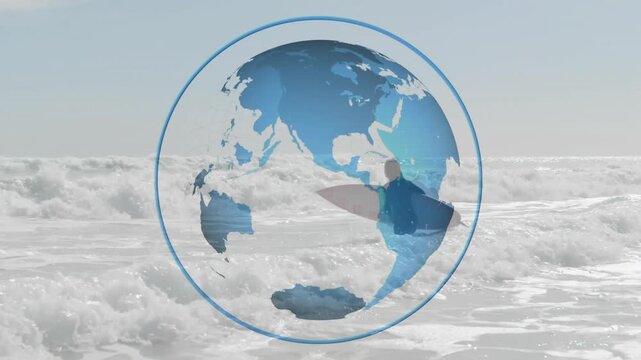 Animated globe rotating over surf tech guiding surfer stepping deeper while scanning horizon - Powered by Adobe