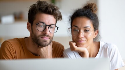 Focused young couple in eyeglasses using a laptop to evaluate house expenses, plan a mortgage, and search for real estate offers online