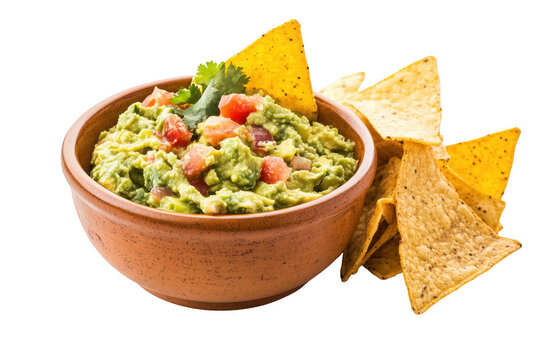 Delicious guacamole dip served with tortilla chips isolated on transparent background