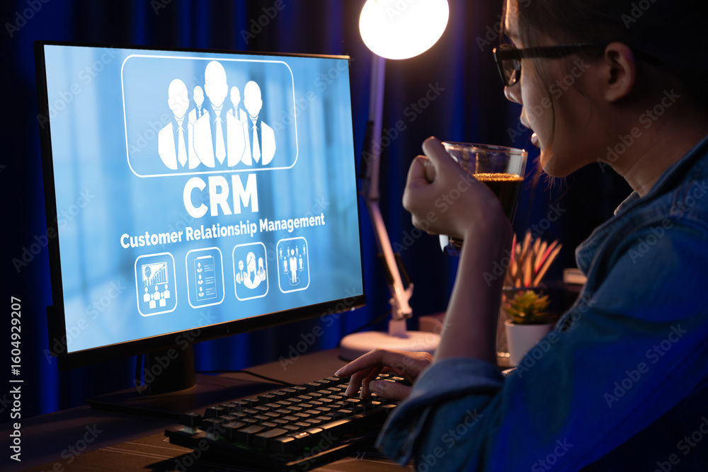 Poster customer relationship management system on brisk computer for crm business and enterprise